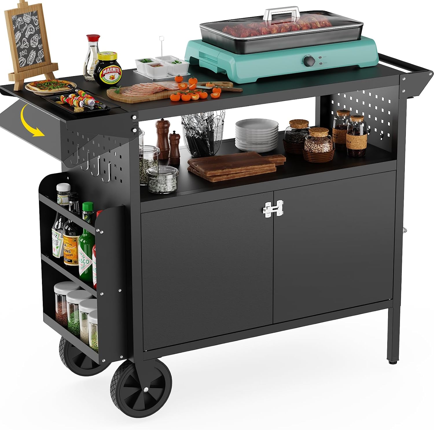 Kitchen Gadgets Storage - Wózek-grill zewnętrzny ze stołem i schowkiem,