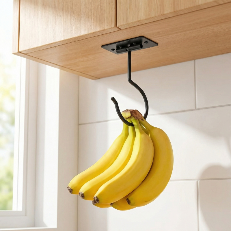 Kitchen Gadgets Storage - Czarny metalowy samoprzylepny haczyk bananowy, składany